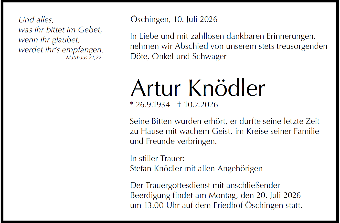 Unser langjähriges Mitglied Artur Knödler ist verstorben